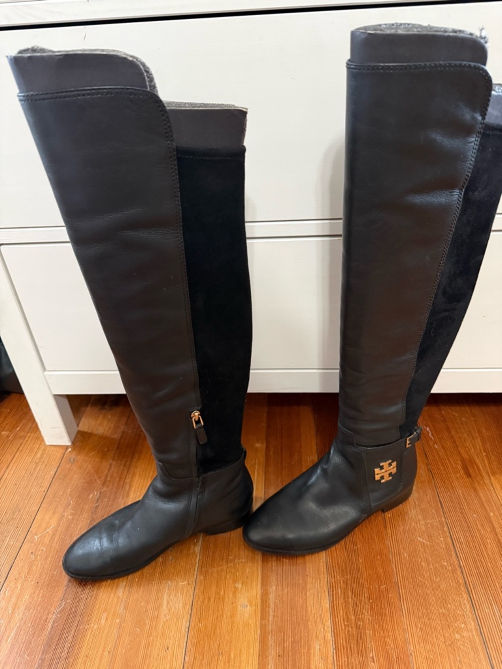Tory Burch Black Leather & Suede Over-the-Knee Boots with Gold Logo